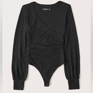 Abercrombie & Fitch Long-Sleeve Cozy Wrap Bodysuit BLACK XS
